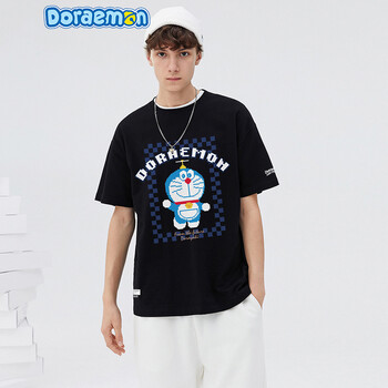 doraemon/哆啦a梦 短袖t恤 机器猫像素字母印花休闲圆领落肩宽松透气