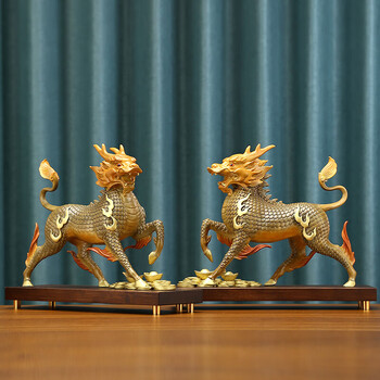 欧柏历  彩铜麒麟摆件一对献宝麒麟家居店铺办公室酒柜装饰工艺品摆件