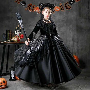 万圣节儿童服装女童cosplay巫婆女王装扮女孩恶魔化妆舞会演出服 黑
