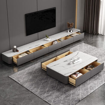 小户型客厅家具岩板落地轻奢电视机柜 白色款_全台面岩板 3米电视柜