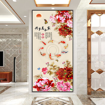 七点见牡丹花玄关装饰画客厅孔雀钻晶瓷画竖版壁画花开富贵走廊过道
