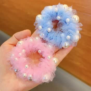 荷蓝珠甜美珍珠网纱头绳女童发绳小女孩丸子头发圈马