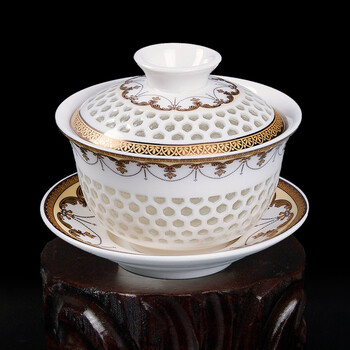 玲珑杯 玲珑瓷景德镇七十年代老厂货加彩青花冰巢玲珑陶瓷茶具整套