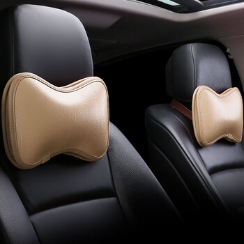 聚灵吉 2020新款汽车牛皮头枕 四季通用汽车护颈枕车枕头靠枕 米色