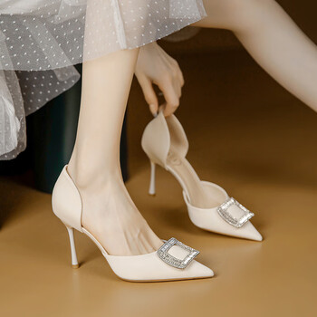 8厘米34>arshfe米白色高跟鞋女法式时尚水钻方扣尖头中空单鞋细跟配