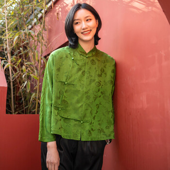 蚕丝妈妈唐装真丝上衣花罗红云纱夏季复古改良短宽松显立领汉服绿色m