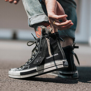 觅夕高帮帆布鞋男秋新款学生韩版潮流运动板鞋男复古拉链做旧定制脏脏