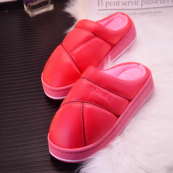 情侣棉拖鞋女防水厚底冬季居家室内防滑地板保暖pu皮家用拖鞋男红色