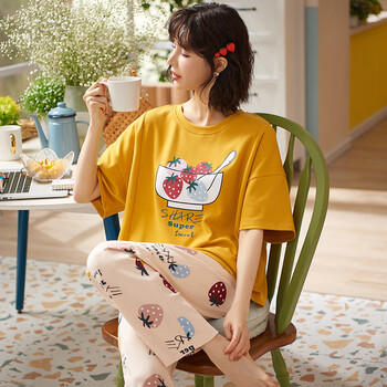 bkqu睡衣女春夏季纯棉短袖长裤家居服少女生夏天薄款居家服休闲套装a2