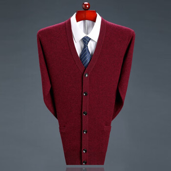 衫男开衫加厚山羊绒v领中老年大码羊毛衫外套官方旗舰店红色17088a