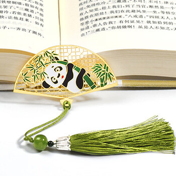 芬尚折扇熊猫书签可爱创意金属镂空黄铜镀彩中国风学生阅读分页书夹简约文艺流苏生日礼物
