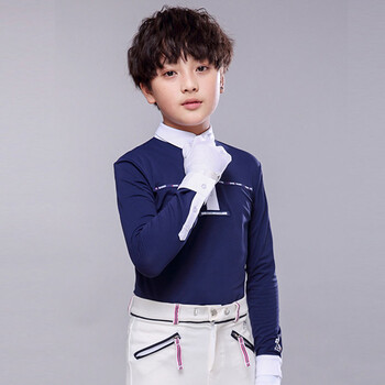 速干透气马术服儿童马术t恤长袖春秋比赛马术服装专业装备蓝色白色