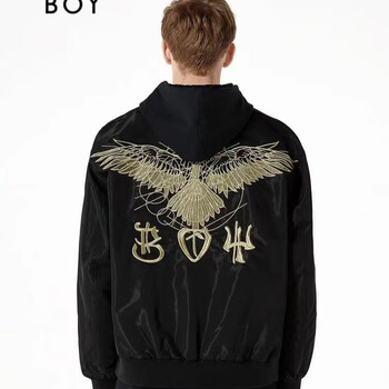 男穿搭潮牌boy夹克春秋季金鹰金线刺绣拉链外套情侣款休闲夹克黑色xs