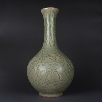 中国古美術品、耀州窑刻花鳥小口四系花瓶、 宋瓷收藏耀州窑雕刻花鸟纹玉壶春瓶古董古玩旧货老货收藏摆件_虎窝淘