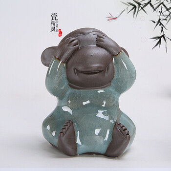 茶宠茶盘摆件龙泉青瓷四不猴子茶宠茶具配件不看不听不说三不猴陶瓷