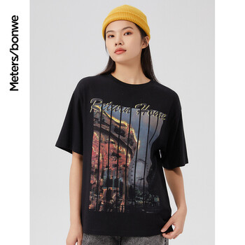 美特斯邦威短袖t恤女纯棉2021新款夏季时尚烫钻复古大图案印花圆领