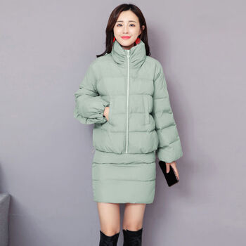 小个子短款棉服套装女秋冬新款气质女装韩版加厚两件套棉衣套装裙绿色