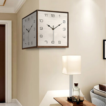 康巴丝（Compas）实木简约双面挂钟客厅现代拐角两面石英钟表挂墙家用时钟 9199