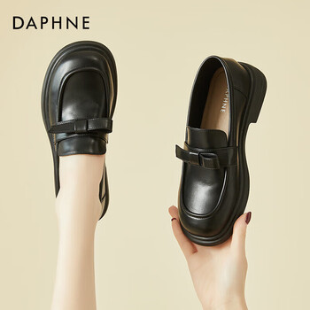 达芙妮乐福鞋女百搭粗跟女单鞋一脚蹬英伦小皮鞋女4623101046  黑色