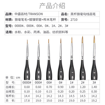 中盛画材 000#套装狼毫勾线笔美术专用水彩水粉勾线画笔手绘描边笔小毛笔细工笔细毛笔画笔描线丙烯国画颜料 速写 马克笔绘画