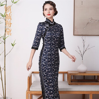戎诺旗袍裙改良时尚夏季新款旗袍裙礼服宴会真丝旗袍中袖长款花色s