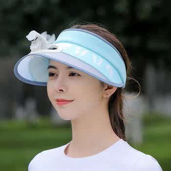 鲜卡usb充电风扇空顶遮阳帽女夏天户外宽檐帽带风扇太阳帽子薄款蓝色