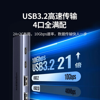 绿联USB3.2拓展坞typec转gen2高速hub分线器10Gbps转换HDMI投屏显 35999--6合1USB3.2x2+USB-C 0.2m