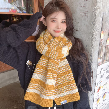 卡兰薇 条纹围巾女冬季韩版新款针织毛线时尚百搭围脖学生秋冬天保暖 黄色