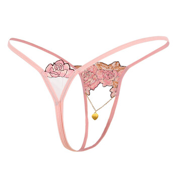 秋冬新品开档性感内裤女士调内衣t裤诱惑丁字裤透明蕾丝薄真人 粉红色