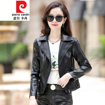 皮尔卡丹海宁皮革城真皮皮衣女短款2022年春季修身款绵羊皮夹克外套
