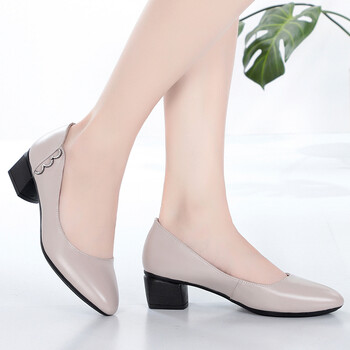 红蜻蜓品牌女鞋女鞋真皮单鞋女软底春季新款粗跟中跟春秋季工作鞋黑色