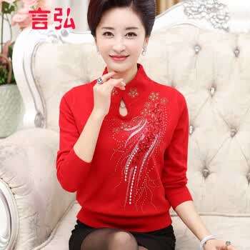 中老年人女装妈妈装秋装长袖t恤旗袍领中老年女装秋冬