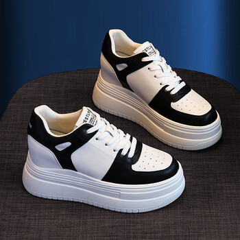 搭配裙子的高跟小白鞋防水皮面内增高板鞋坡跟运动鞋女生球鞋黑色35