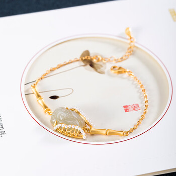 银迷七夕送礼古风镀金和田玉鸣蝉竹节手链女半镯半链玉手镯生日礼玉蝉