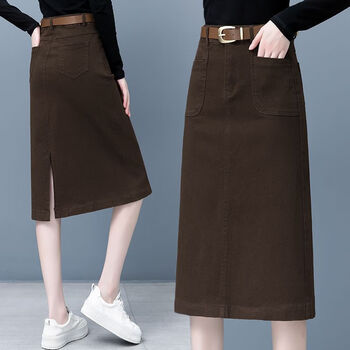 zelang休闲半身裙子牛仔裙女春秋季新款高腰显瘦中长款包臀裙咖啡色l