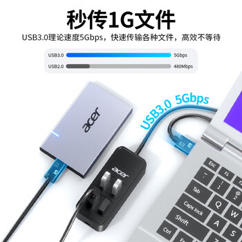 宏碁（acer）USB3.0分线器4口扩展坞HUB集线器延长线转换一拖四带供电口笔记本台式机多接口拓展1.5米