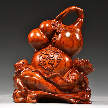 奈希森花梨木雕葫芦摆件福禄有余鱼祝寿家居客厅玄关电视柜酒柜办公室