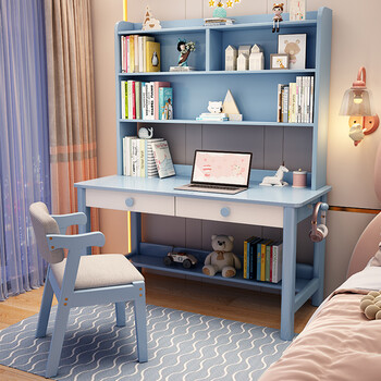 书桌书架一体电脑桌学生写字桌家用办公桌简约卧室实木儿童学习桌 粉