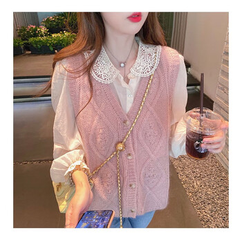 班萨图小香风粉色针织马甲女秋装坎肩外搭秋冬法式马夹开衫毛衣背心