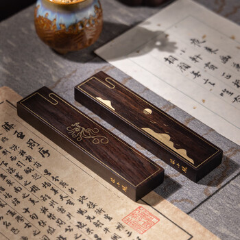 張小鳳镇尺镇纸尺书法镇尺文房四宝紫光檀嵌黄铜工艺镇尺毛笔架书法摆件节日送礼 凤起山林【一对装】