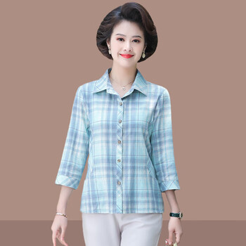 勿棉中年妇女纯棉女衬衫七分袖加大码夏天全棉夏季格子妈妈上衣中老年