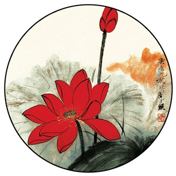 现代新中式圆形装饰画荷花客厅背景挂画餐厅壁画晶瓷画卧室床头画 qy