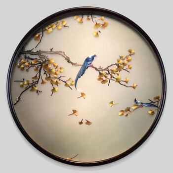 三林堂木艺 苏绣挂画圆形手工刺绣客厅画玄关餐厅床头装饰画 n款 幸福