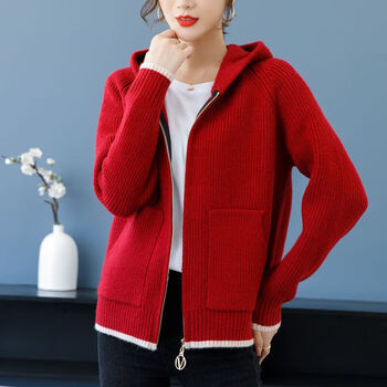 汀曼莲毛衣开衫女外套短款带帽戴帽连帽春秋天穿的拉链春秋季刺绣上衣