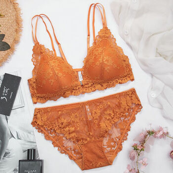 前开扣性感文胸前扣式性感美背法式无钢圈内衣女小胸聚拢文胸套装桔色