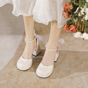 niuwei珍珠玛丽珍鞋女圆头2024新款日系辣妹jk制服小皮鞋高跟鞋粗跟单