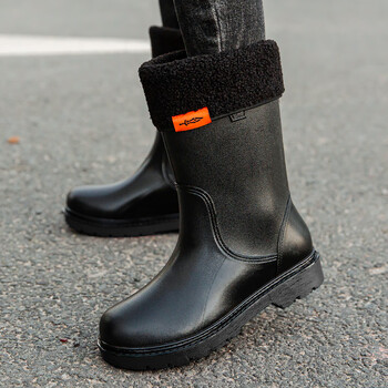 时尚雨鞋男高筒加厚水鞋 工地中筒加绒防水雨靴厨房耐磨防滑胶鞋 黑色