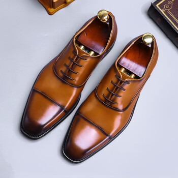 英伦三接头皮鞋男商务正装真皮方头牛津鞋新郎结婚鞋高端休闲男鞋棕色