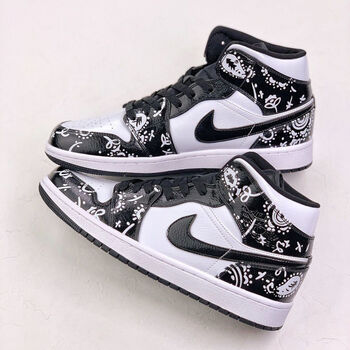 黑白腰果花休闲运动滑板鞋学生中高帮篮球鞋乔1男女同款情侣鞋黑色