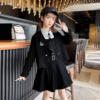 秋装jk制服洋气套装裙2022新款儿童少女学院风西装三件套黑色100cm